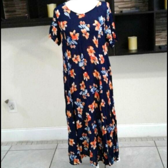 Woman Within Navy Floral Boho Prairie Summery Rayon Shift Maxi Dress - Picture 1 of 8